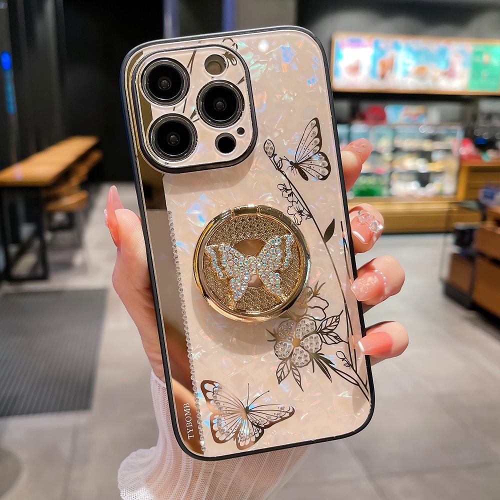KEYSION Luxuxy Case for iPhone 16 Plus 16 Pro Max Butterfly Ring Stand Shockproof Phone Back Cover for iPhone 13 14 15 Pro Max