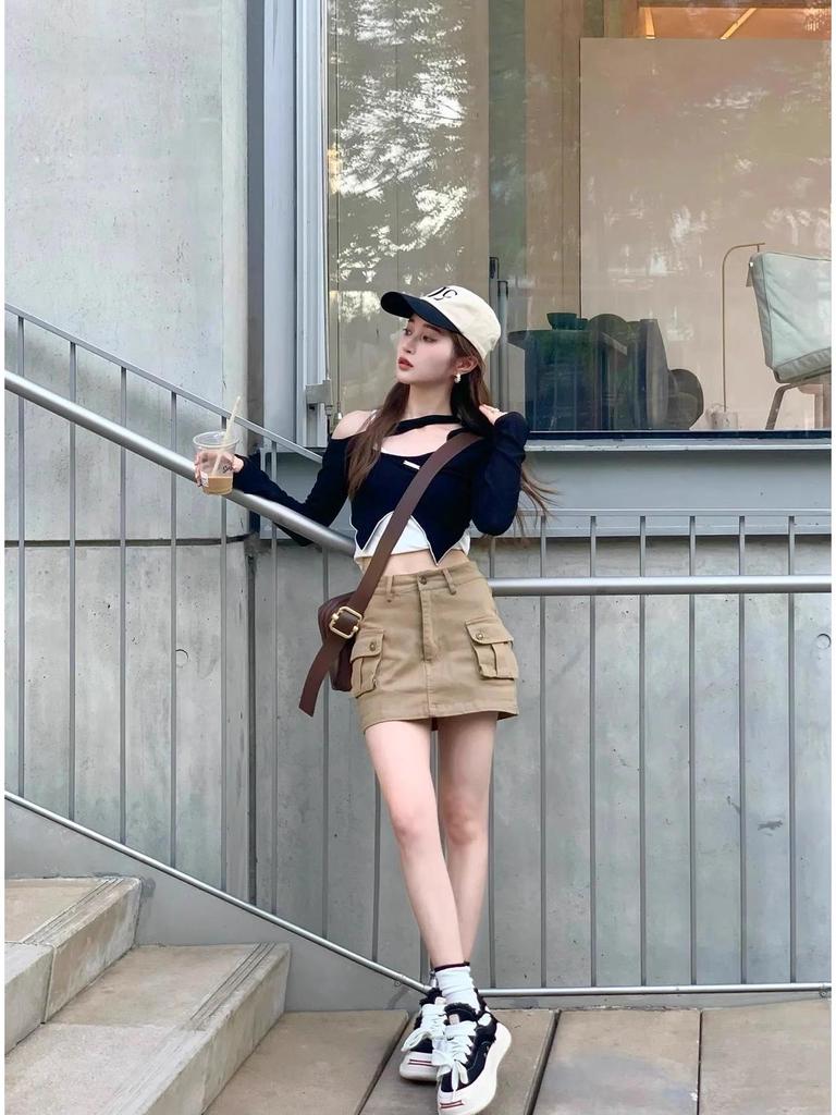 Khaki A-line Workwear Mini Denim Skirt - Spicy Girl Women's Sexy Summer Bodycon Skirt with Pockets