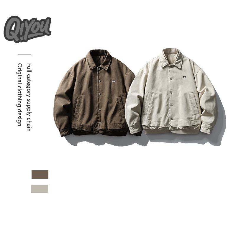 QIYOU 2025 Winter Retro Distressed Washed Two-Piece Cotton Workwear Jacket with Embroidered Lapel