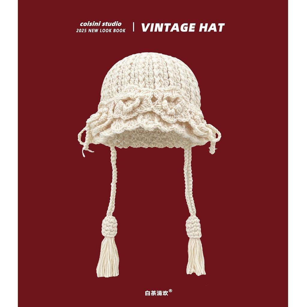 Fashion Handwoven Hollow Baotou Hat Women'S Crochet Ethnic Style Tassel Ear Protector Strap Sleeve Knitted Hat