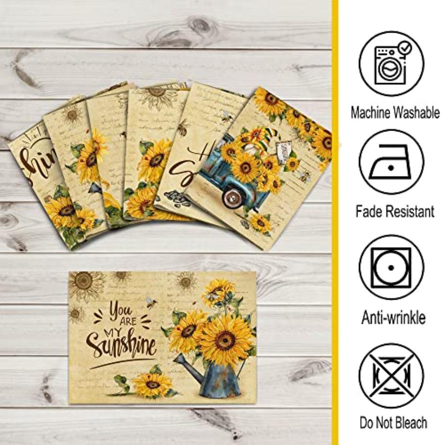 Sunflower Linen Square Spring Placemats Set of 6 Sunflower Kitchen Decor Vintage Spring Summer Sunshine Gnome Truck Table Mats