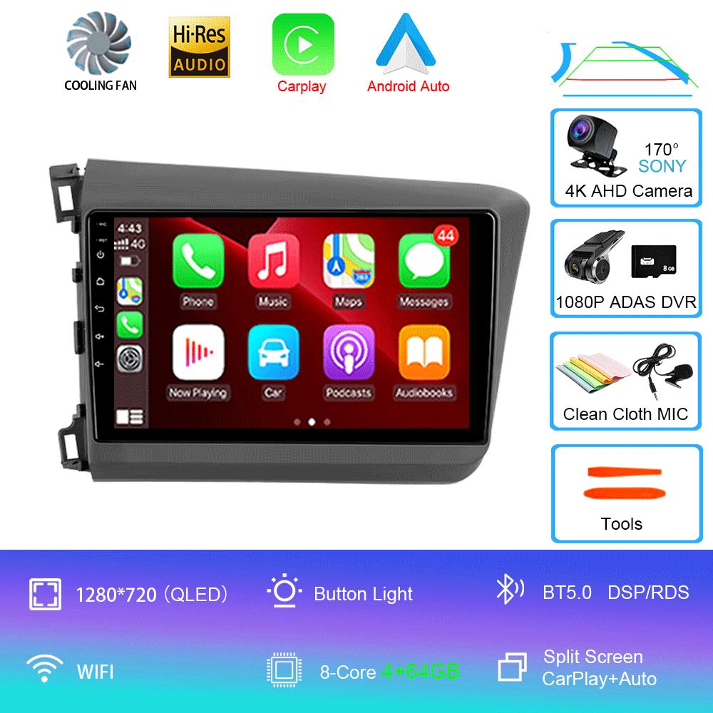 Car Radio Carplay Auto WIFI+4G For Honda Civic 2012 2013 2014 2015 Android 14 Multimedia Player Stereo GPS Head Unit No DVD 2Din