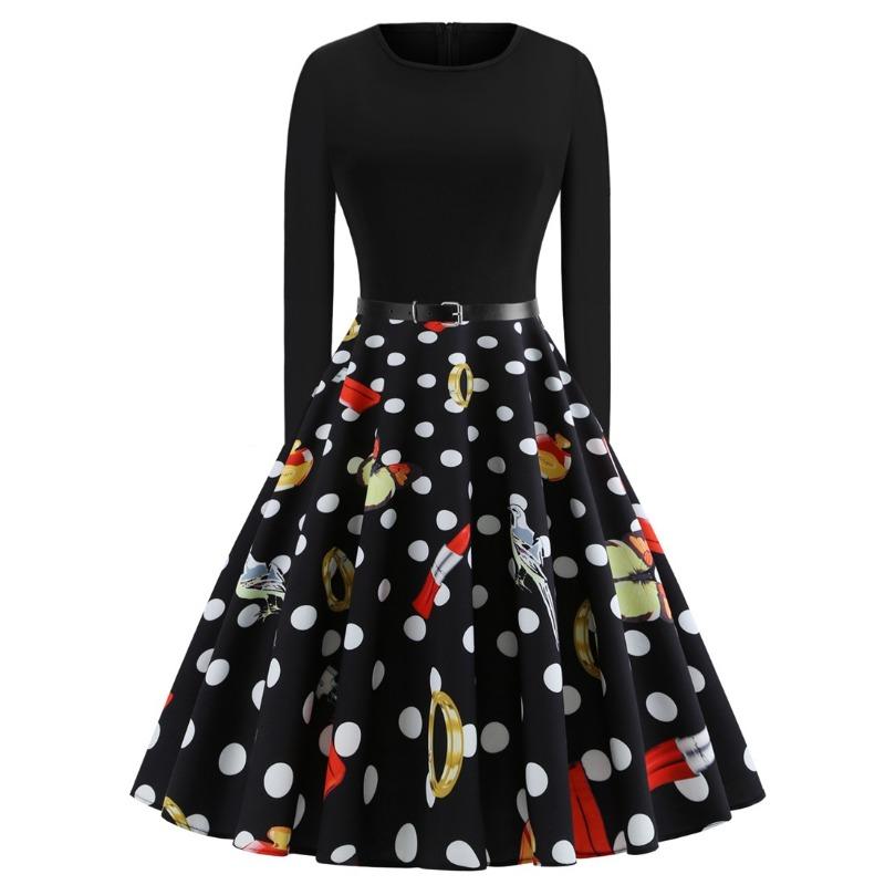 

Осенне-зимнее платье с длинными рукавами и круглым вырезом, черное, с принтом в горошек, с большим подолом XXL чёрный