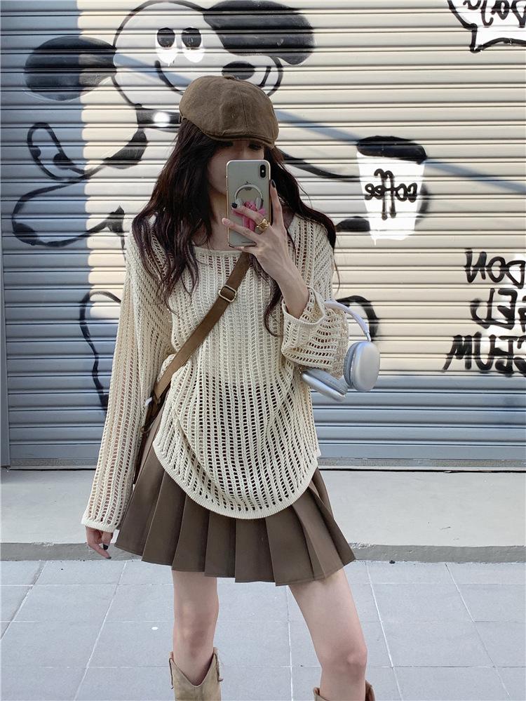 2025 Spring Summer Women's Mesh Cardigan: Lightweight, Loose, Off-the-Shoulder Knitwear with Long Sleeves