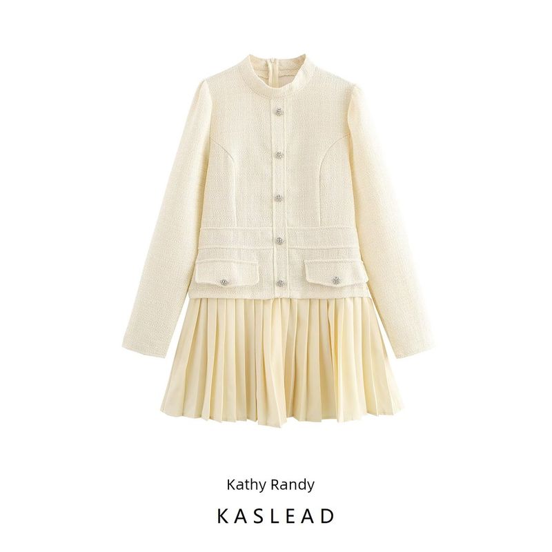 Kaslead New Arrival Women's Clothing Fashion Style Minimalist Retro Waist-Controlled Stitching Pleated Long Sleeves Coarse Spinning Dress