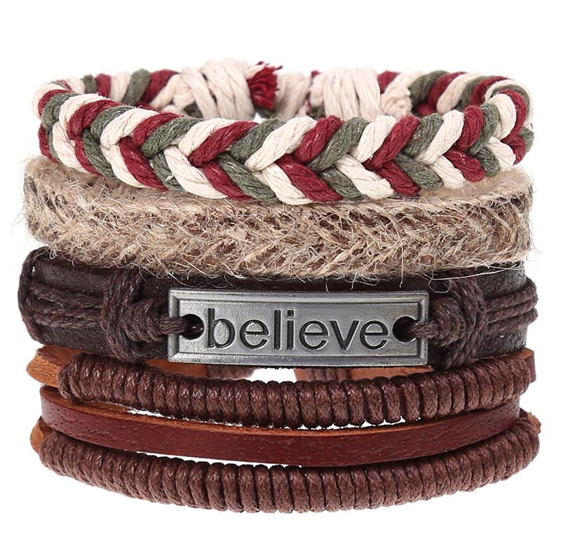 Retro Woven Cowhide Leather Men's Bracelet Set - European & American Handmade DIY Knot