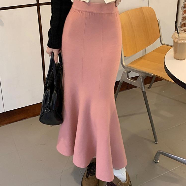 Women's Knitted Wool A-Line Fishtail Skirt - Thickened, Medium-Long, Slim Fit for Spring and Autumn