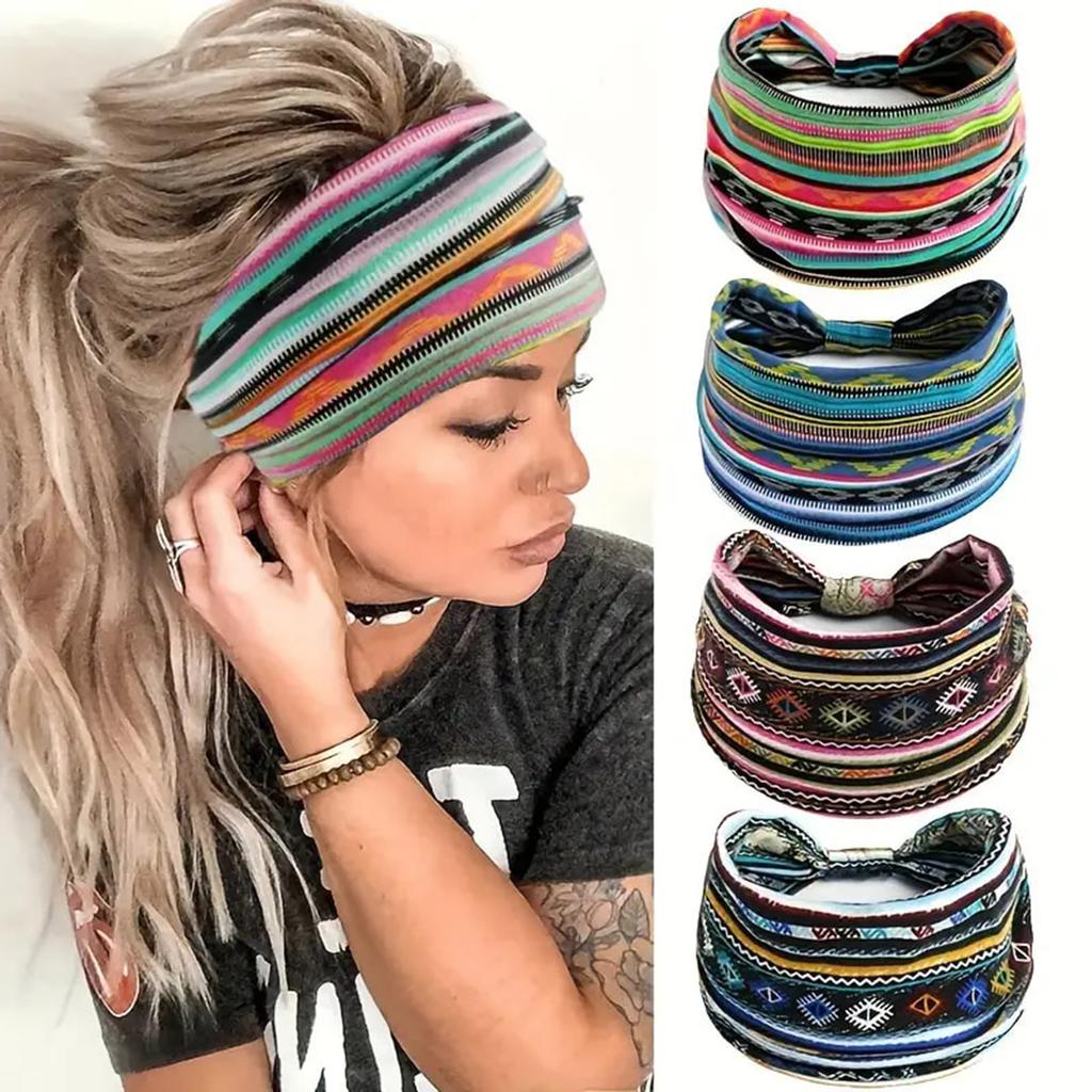 4 STÜCKE Boho Mode Breite Stirnbänder Schweißabsorbierendes Kopftuch Böhmische Haaraccessoires für Sport Tennis Fitnessstudio Übung MIAO-US