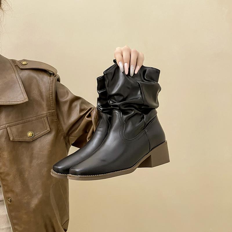 Retro Style Square Head Thick Heel Fashion Short Boots Women's Autumn and Winter Fashion with Coat Short Tube Pile Pointed High Heel Thin Boots