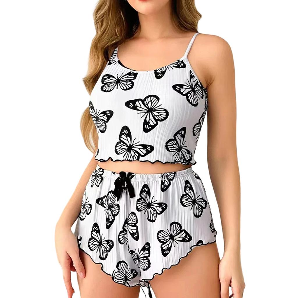 Weiches 2-teiliges Pyjama-Set für Damen, ärmellose Shorts, Loungewear-Sets, Pyjamas, Nachtwäsche