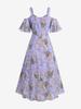 Rosegal Plus Size Rose Flower Leaf Print Ruffles Cold Shoulder Dress