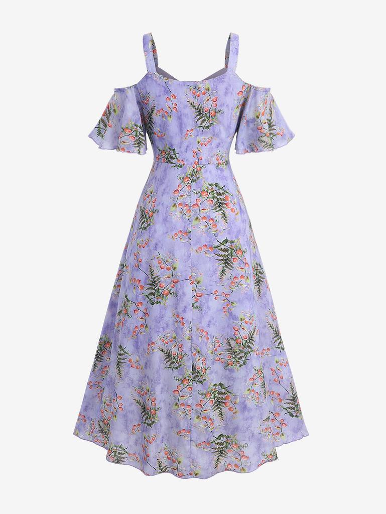 Rosegal Plus Size Rose Flower Leaf Print Ruffles Cold Shoulder Dress