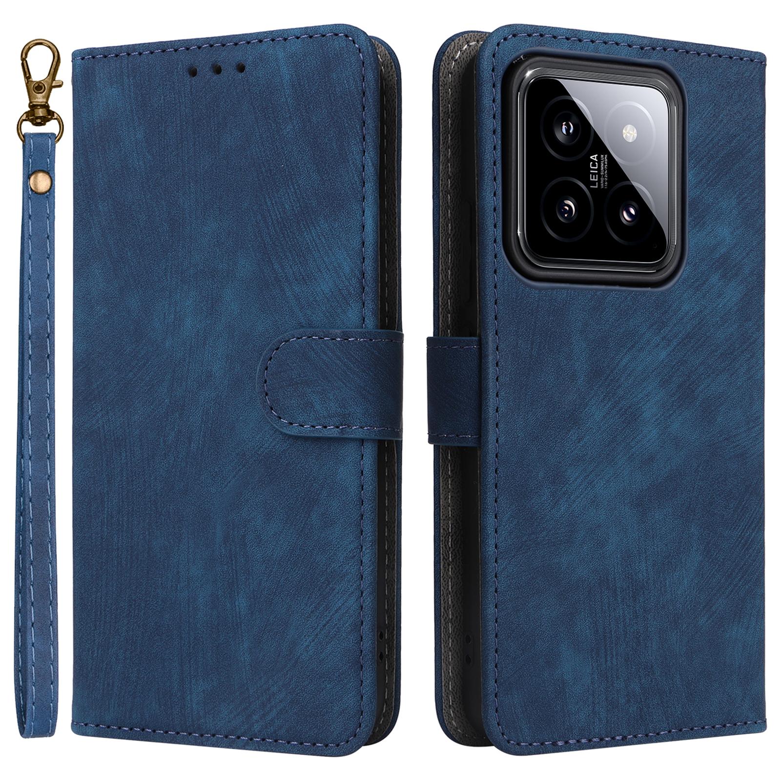 

For Xiaomi 14 Leather Case RFID Blocking Wallet Magnetic Phone Cover with Strap Blue
