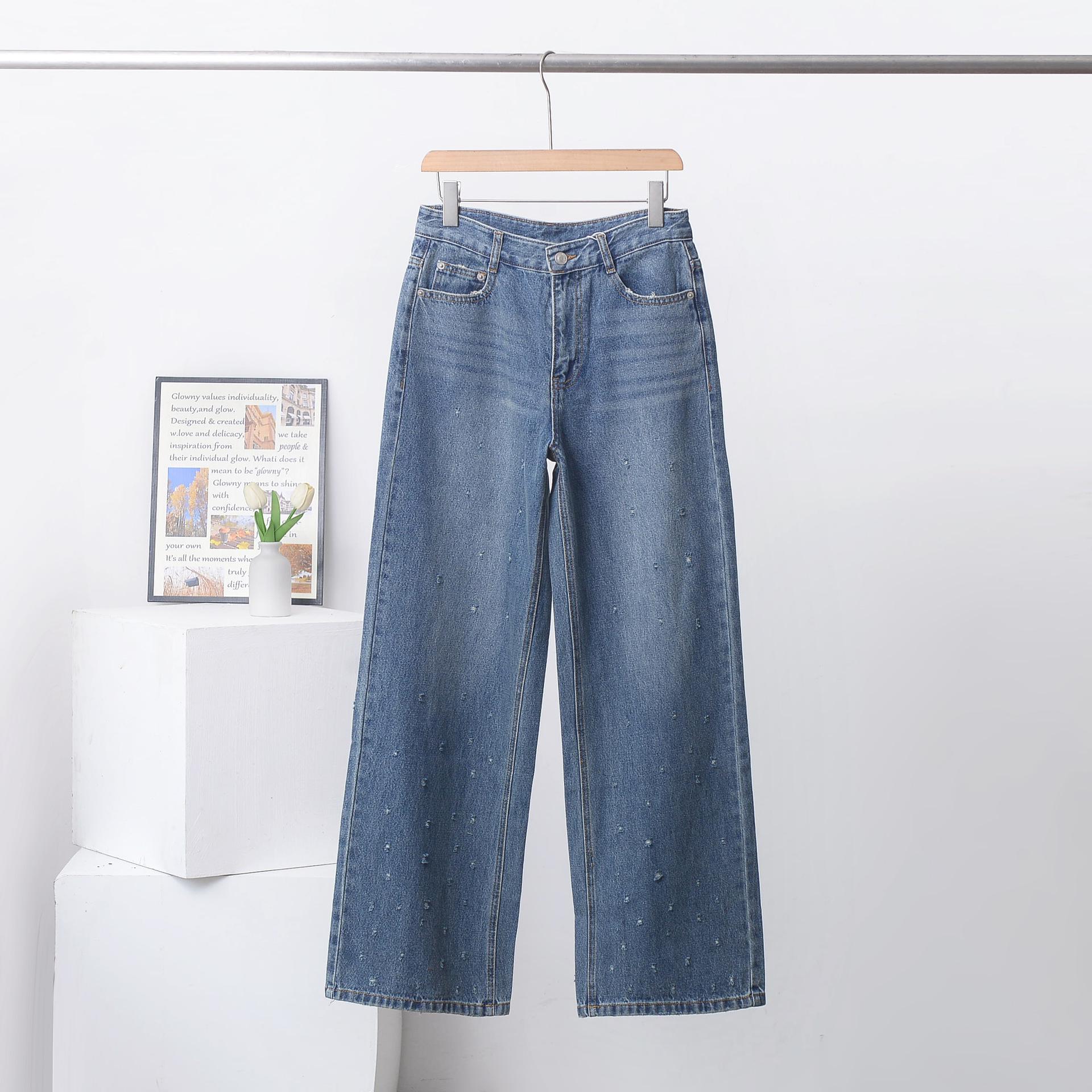 

2025 Retro Dot Hole Straight Leg Women s Jeans – Turkish Cotton, Loose Casual Fit 26 синий
