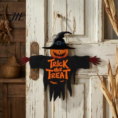 Natural Wood Craft Decor Halloween Door Sign for Porch, Cute Ghost Scarecrow Dwarf Hanging Wall Holiday Party Yard Accents Plaque, Rustic Farmhouse