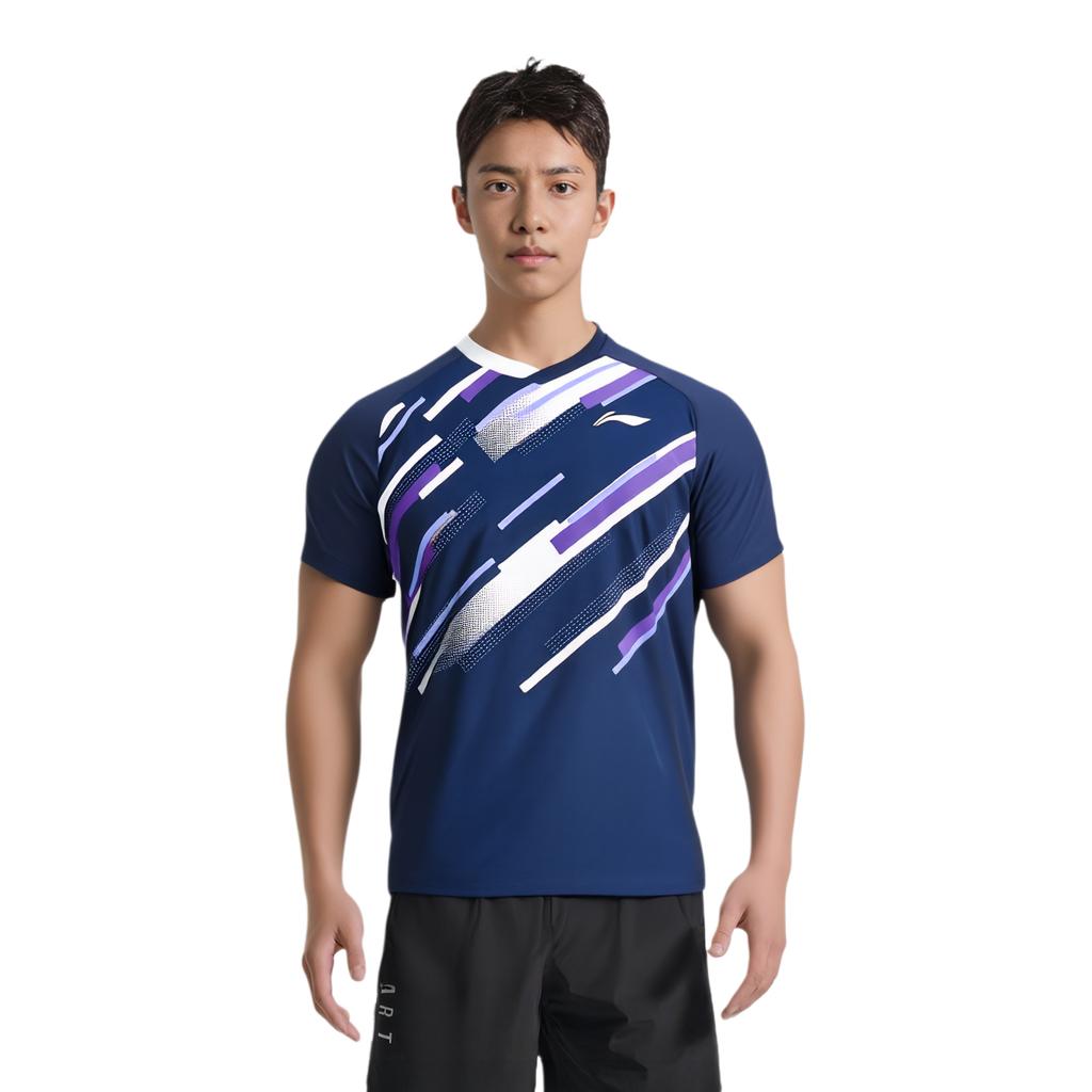 Li Ning Badminton Series Quick-Dry Striped Simple Logo Short Sleeve T-Shirt Unisex Tops Deep-Navy AAYV033-1