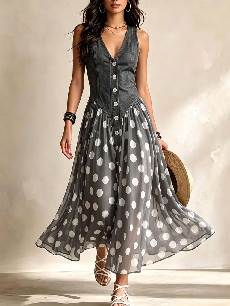 European and American fashion casual printing imitation denim top polka dot skirt