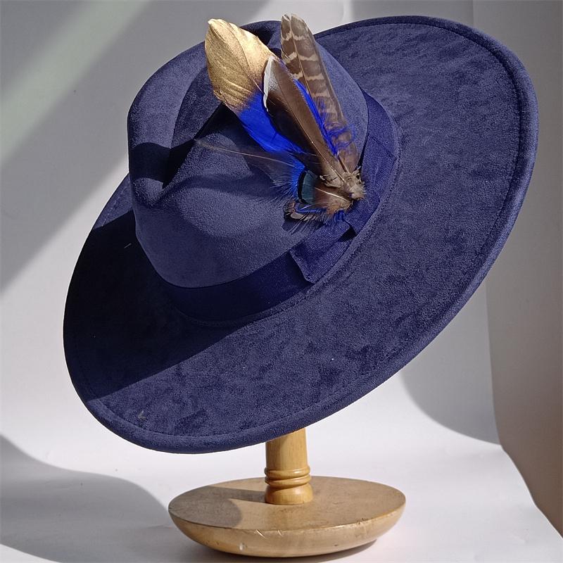 Purple Feathers Suede Top Hat 9.5Cm Wide Brim Fedora Hat Men Women Autumn Winter Felt Jazz Hats Classic Church Fedoras Sombrero