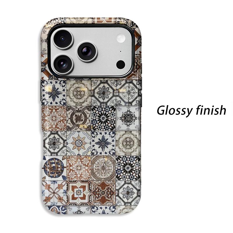 Vintage Moroccan Geometric Patchwork Tile Art Graphic Film Aesthetic Protective Shockproof Bumper Phone Case Cover For iPhone 14 15 16 Pro Max Plus