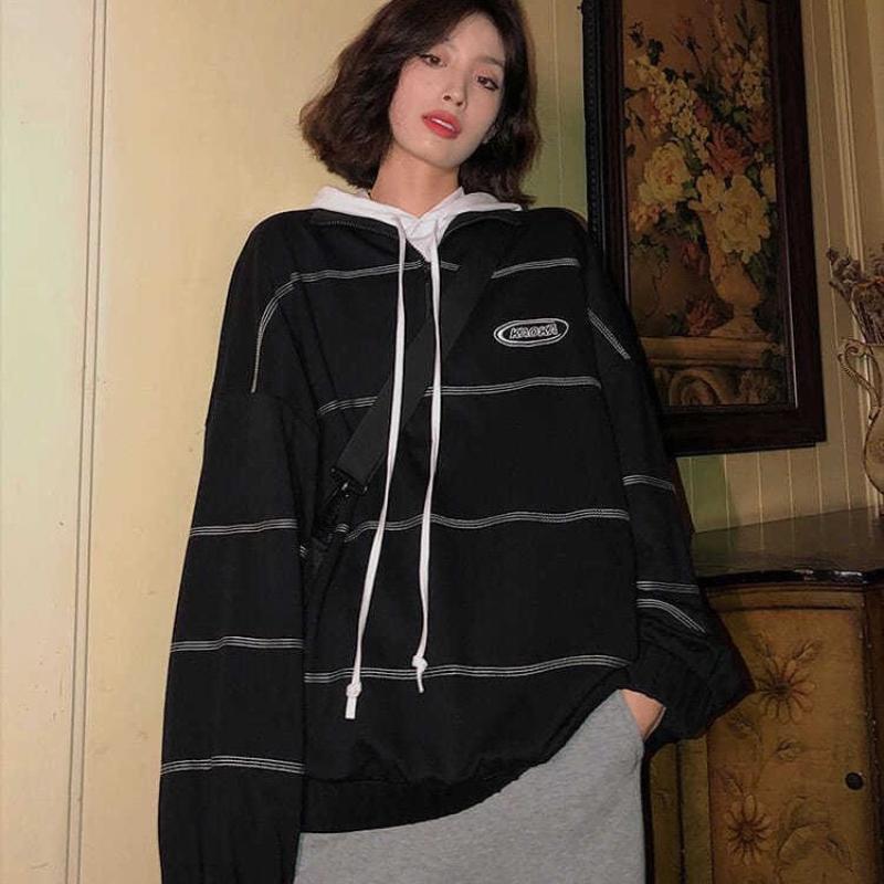 Černá mikina Harajuku Ženy Korejská móda Streetwear Pruhovaná Mikina Vintage Hip Hop Pulovr Estetický oversized
