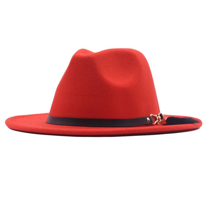 Autumn and winter woolen top hat British style classic flat edge jazz hat fashionable versatile women's hat metal buckle feather hat