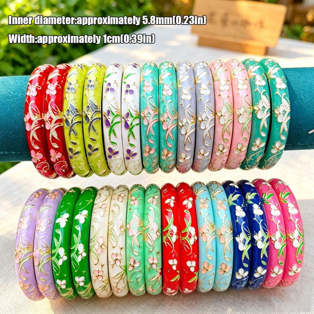 Floral Pattern Cloisonne Bangle Extra Width Enamel Bracelet Jewelry Gift for Women