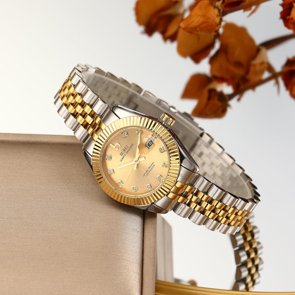 BUREI Women's Watch, Japanese-Made Quartz Movement, Analog, Waterproof, Gold Diamond Dial, Stainless Steel, Business Watch, Popular, Stylish, Simple,