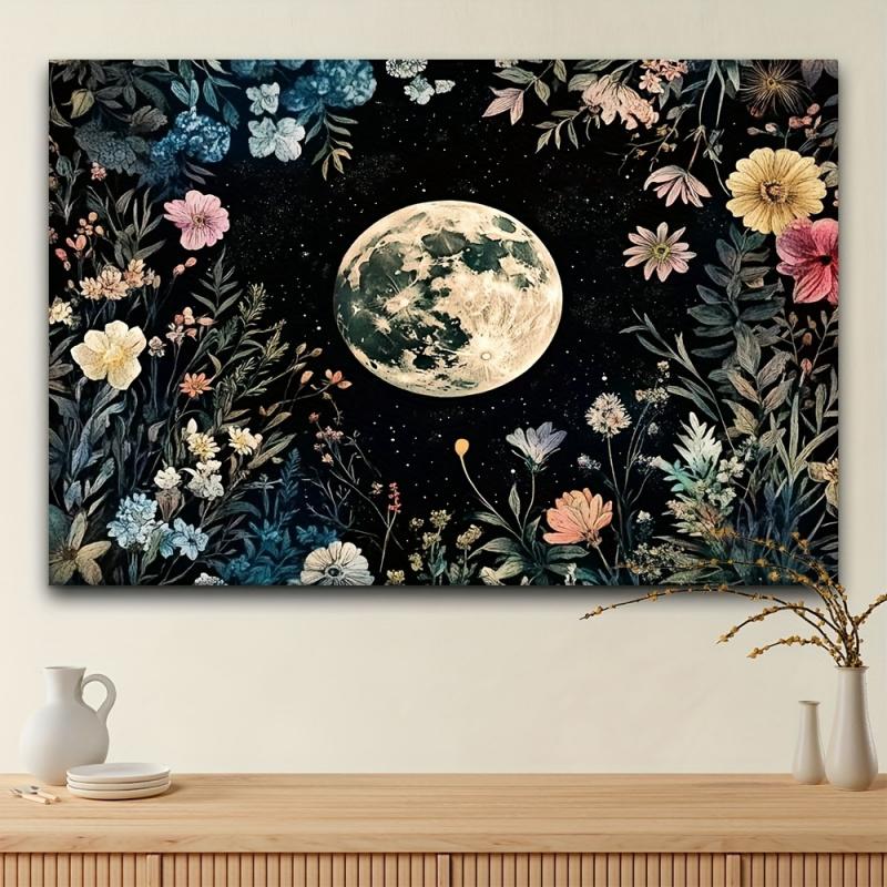 Moon Flower Tapestry Vintage Boho Celestial Wall Hanging Aesthetic Botanical Room Decor for Bedroom 100X70CM