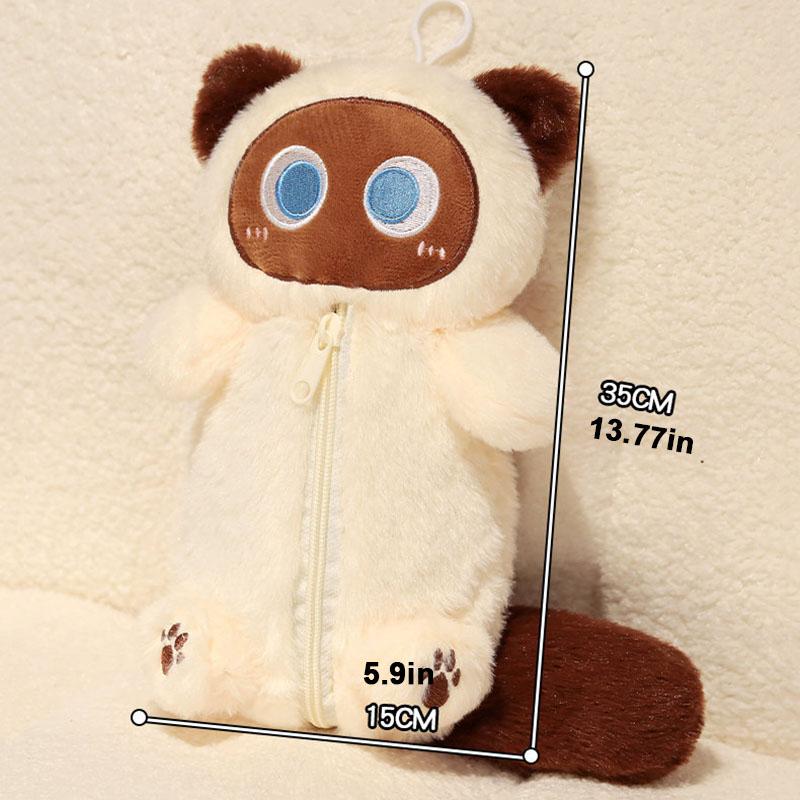 Peluche Gato Siamés Estuche para Lápices Animal de Peluche Gran Capacidad Bolsa de Papelería Diseño Lindo Dibujo Animado Muñeco Gato Bolsa para Lápices Aprendizaje