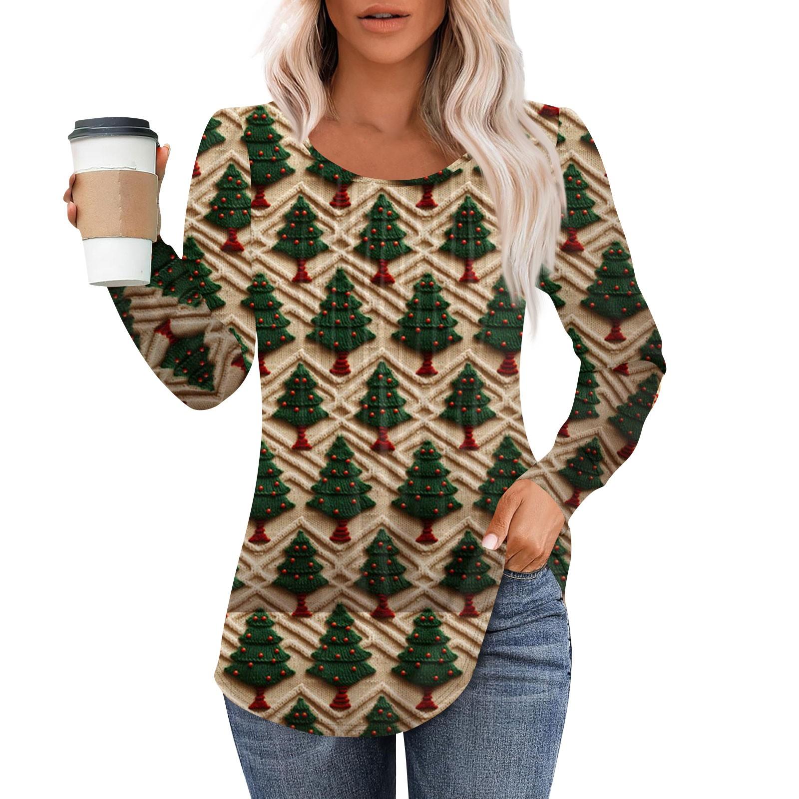 

Женская модная повседневная плиссированная футболка с круглым вырезом и рождественским принтом с длинными рукавами L