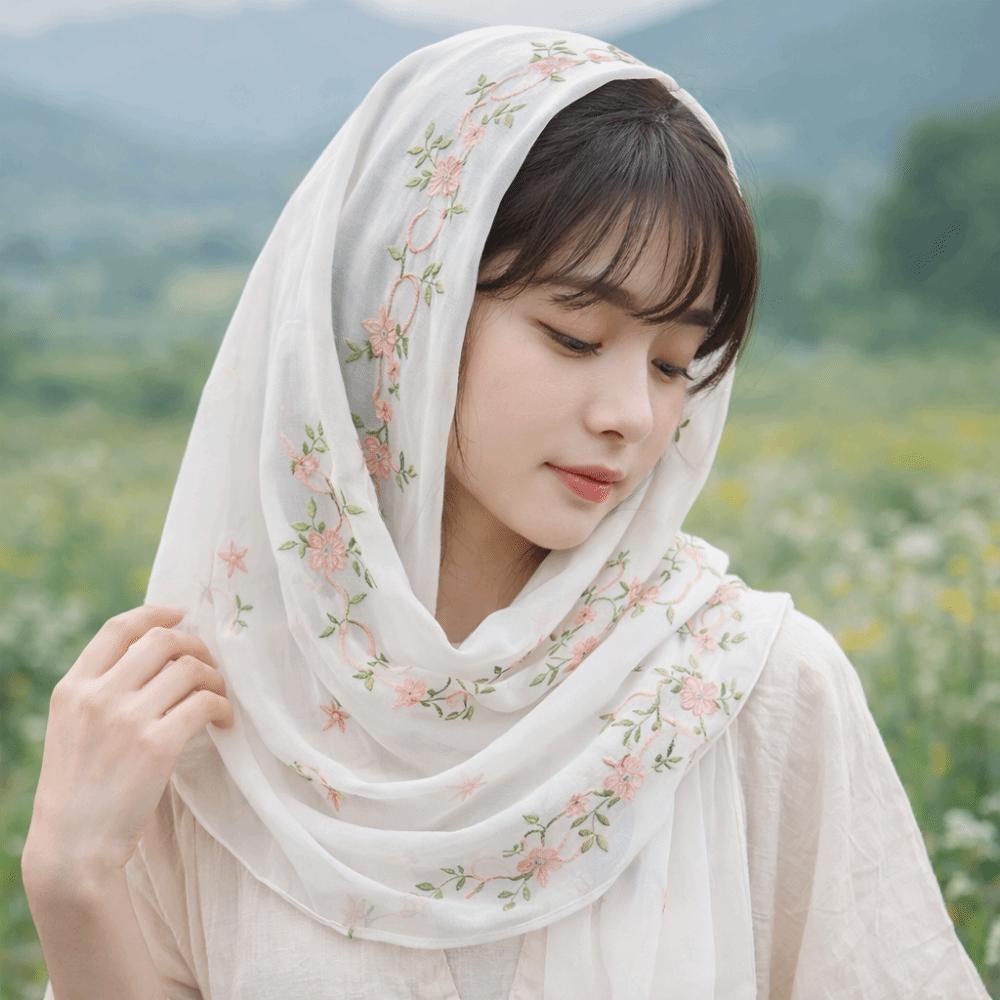 Mesh Thin Long Scarf Solid Color Muslim Headscarf Clothing Accessories Floral Headscarf  Women