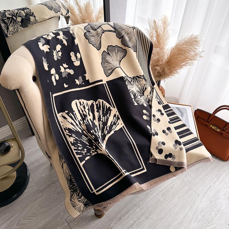 Luxury Thermal Cloak Cashmere Winter Women'S Scarf Gingko Leaf Shawl  Thick Cashmere Blanket Bufanda Travel Echarpe