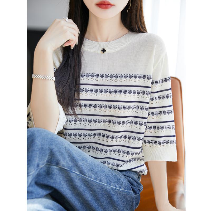 Women Knit T-shirt MODERN NEW SAGA Summer Knitted Shirt Short Sleeve Tees O-neck Patchwork Pullover Knit Tops