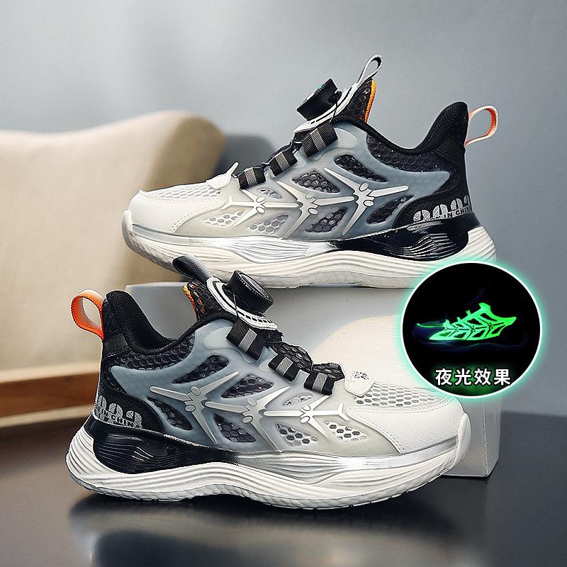 Children's single-mesh breathable sports shoes Medium and older children's rotating buckle soft-soled basketball shoes Non-slip running shoes tide