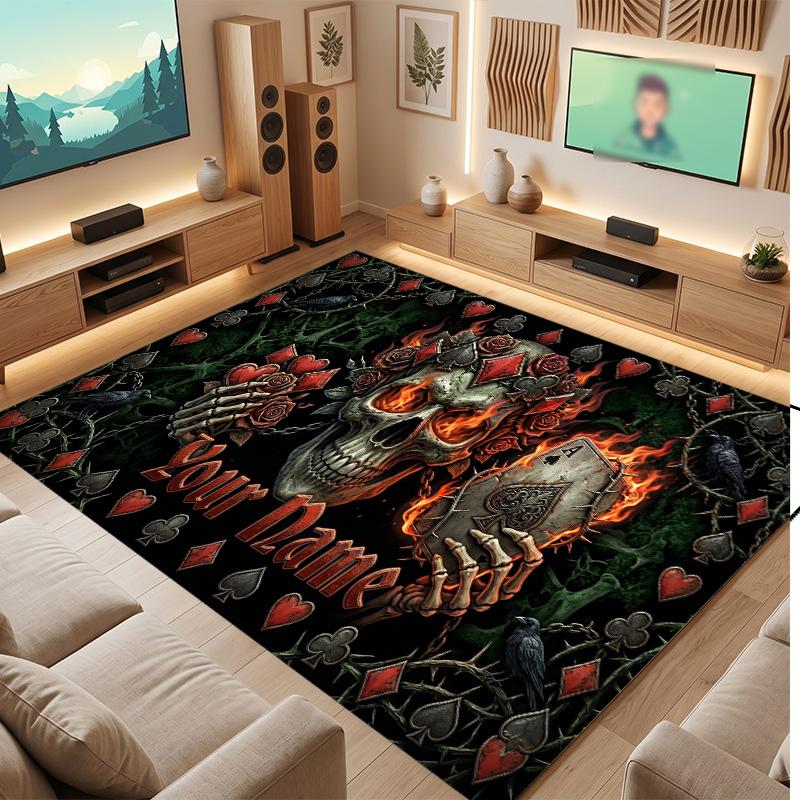 Tappeto Morbido in Velluto di Cristallo Tema Gotico Teschio Stampa Personalizzata Nome e Testo Tappeto Antiscivolo per Camera da Letto Soggiorno