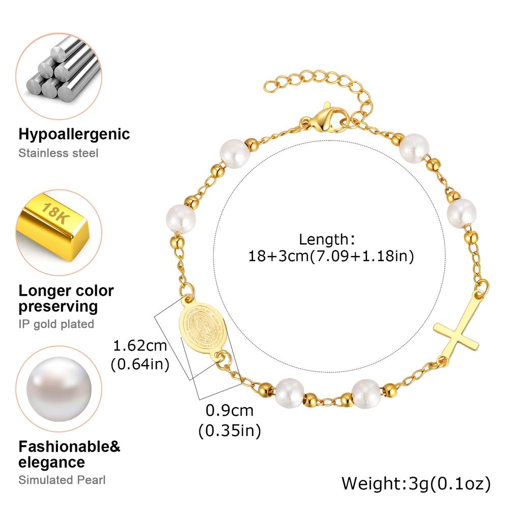 Holy Stainless Steel Cross Benedict Virgin Bracelet,Women's Gold Plated Beaded Chain Bracelets,Trendy Jewelry Gifts