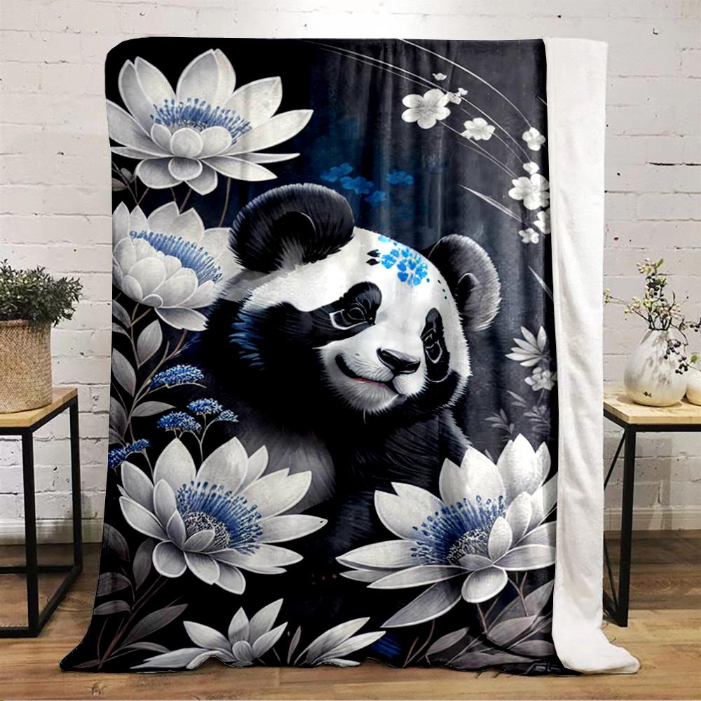 Cute Panda Surrounded by White Flowers Flannel Blanket for Bedroom, Living Room, Sofa, and Nap Sofas