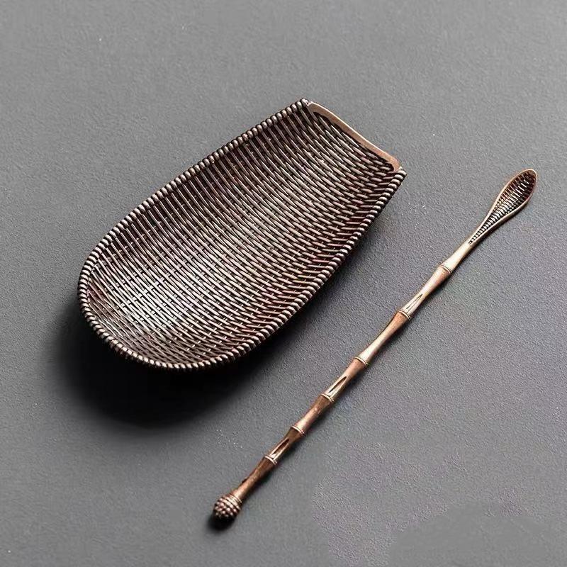 Alloy Bamboo Weaving Shape Tea Shovel Spoons Set Handmade Dustpan Shape Tea Trays Teaspoon Separator Vessel Teaware Accessories