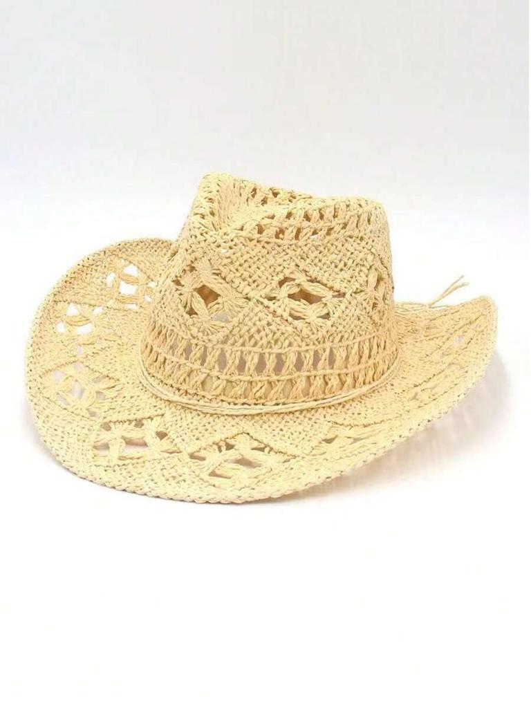 Unisex Straw Cowboy Hat With Beaded Decoration Breathable For Beach Camping Outdoor