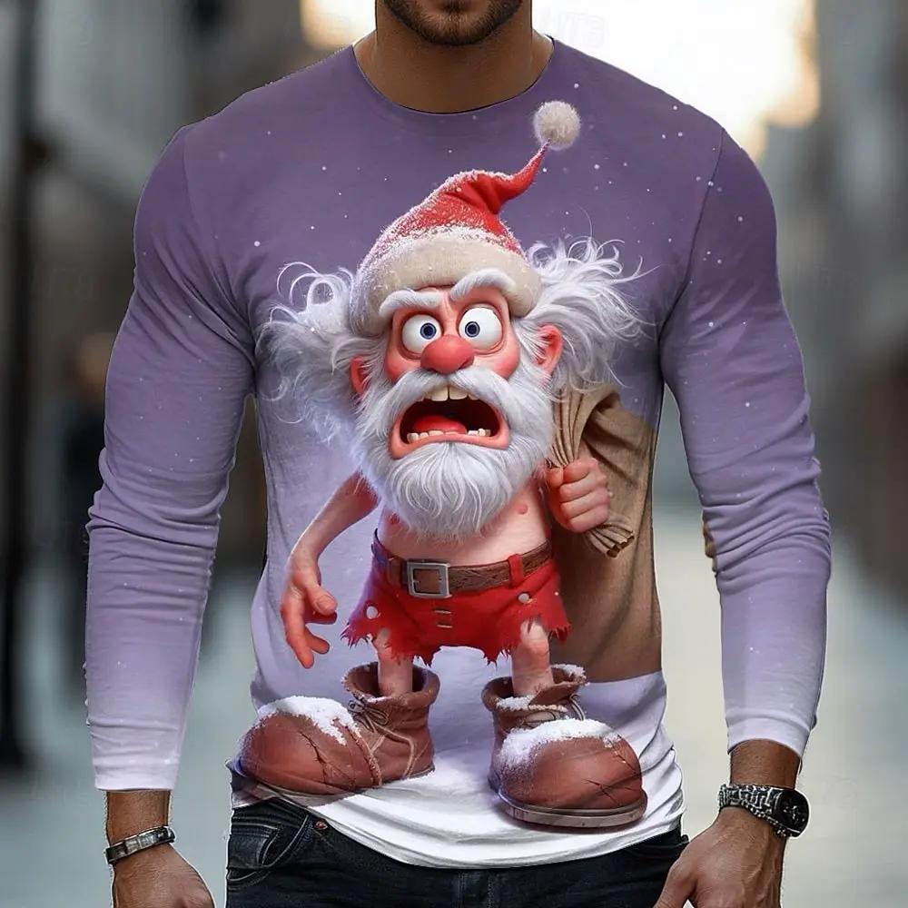 Spring and Autumn Round Neck Funny Christmas Santa Graphic 3D Printed Top Fashionable Casual Long Sleeved Men's T-shirts