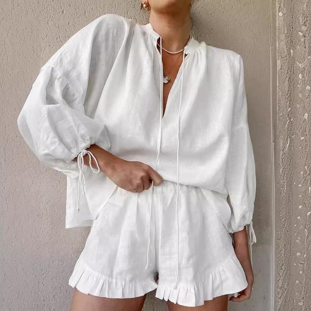 Stylish Cotton Linen V-Neck Lantern Sleeve Shorts Two-Piece Set
