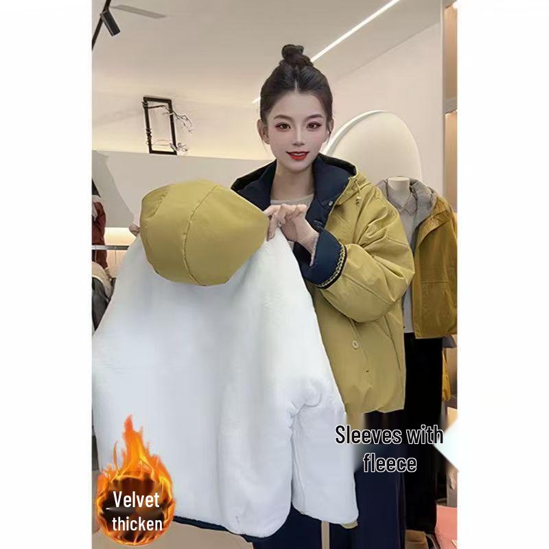 

Korean Style Color Block Hooded Velvet-Trim Parka: Women s Versatile Slimming Autumn Winter Jacket Small жёлтый/имбирный