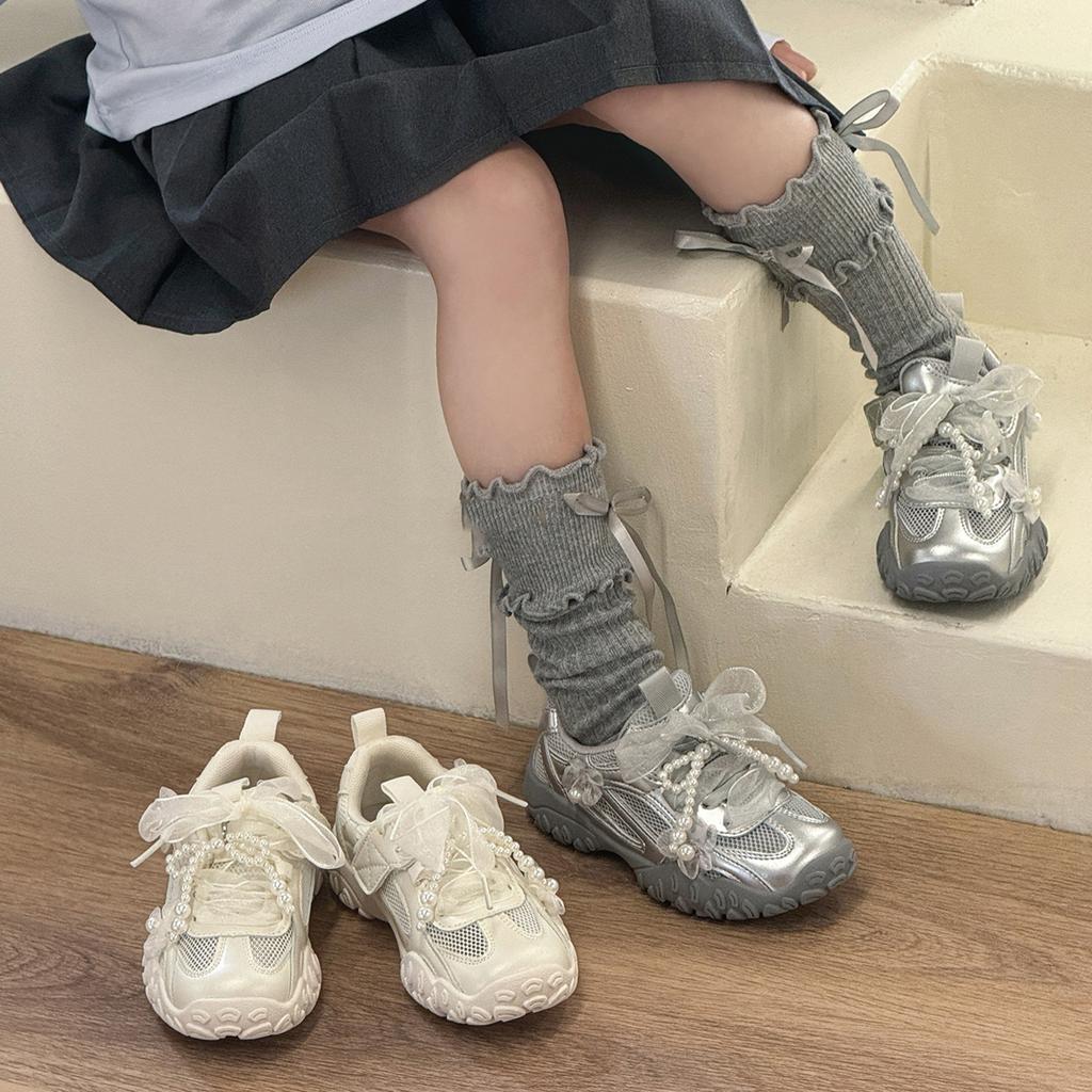 2025 Summer New Classmates Girls Pearl Bow Flower Sneakers Single Mesh Breathable Princess Moral Training Shoes