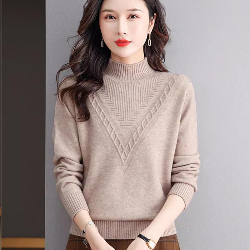 

Осень Зима Половинный Высокий Воротник Однотонный Базовый Свитер Женский Повседневный Модный Универсальный Вязаный Пуловер Топ onesize хаки