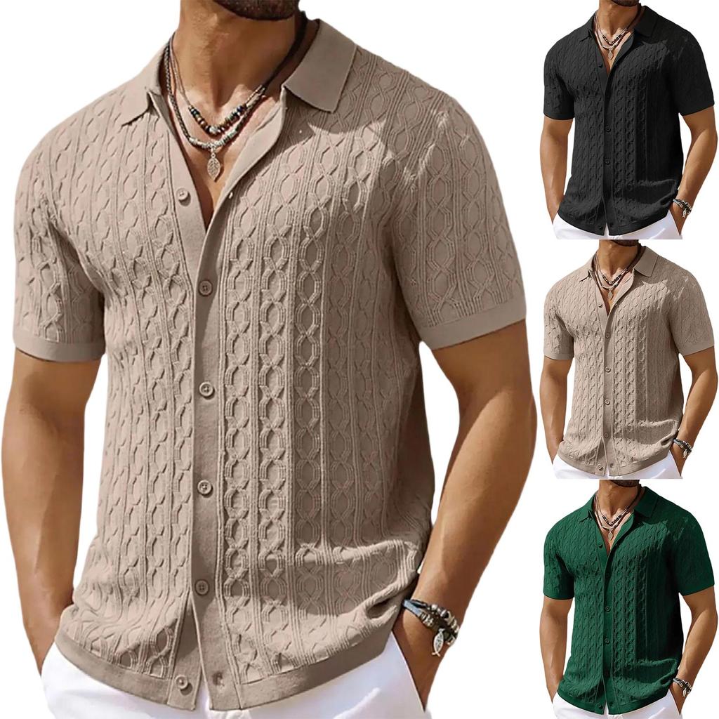 Men's Summer Casual Knit Jacquard Short Sleeve Cardigan Business Polo Shirt Button Front Lightweight Breathable Fabric