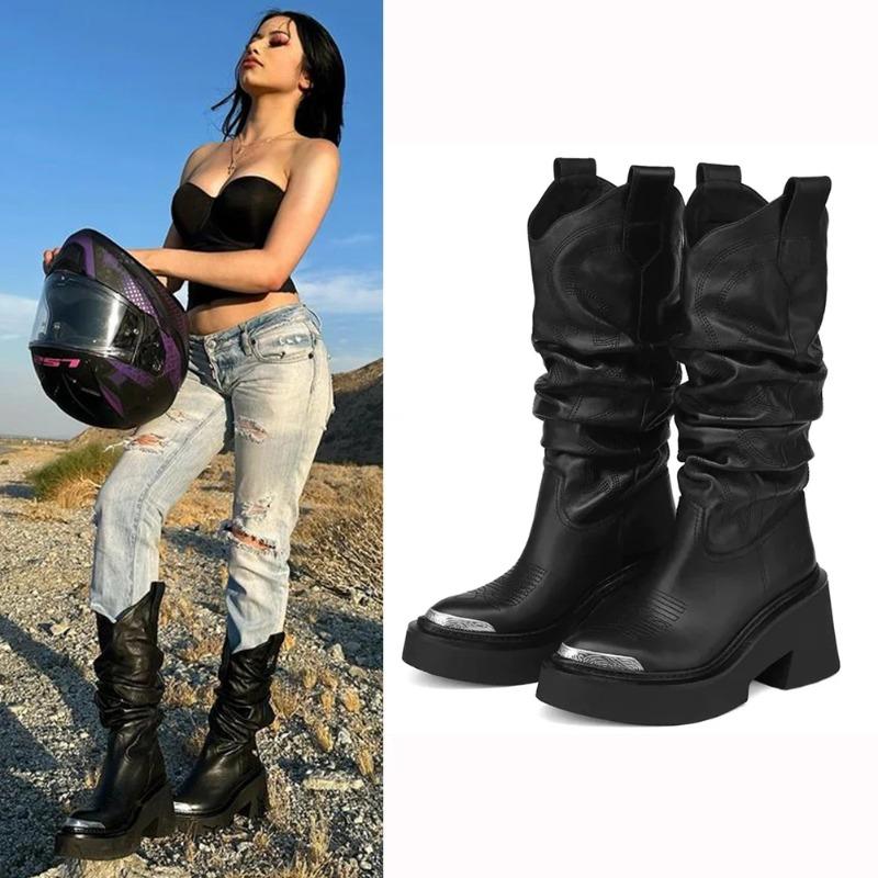 Luxury Brand Motorcycle Women'S Calf Boots Platform Chunky High Heels Goth Metal Punk Shoes For Women Winter Comfy Design Boots