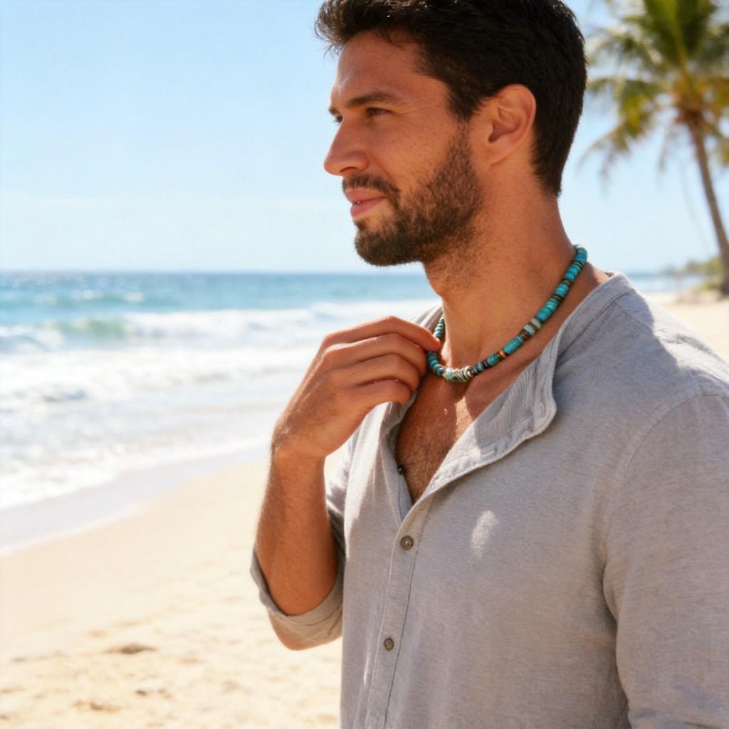Collana Metallizzata Turchese con Perline e Design Geometrico per Uomo e Donna
