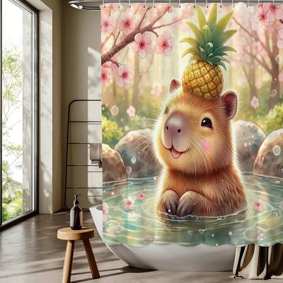 Capybara Hot Spring Bath Cartoon Digital Print Shower Curtain - Machine Washable,  All-Season Bathroom/Home Decor