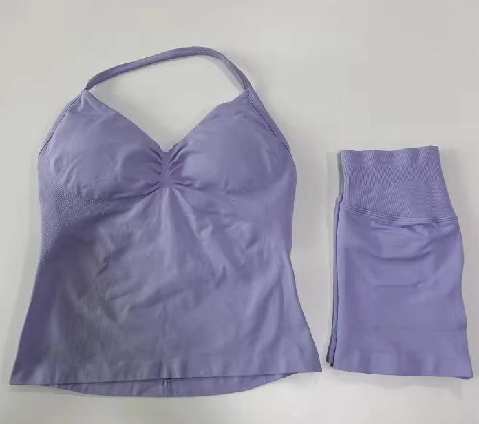 JYL Seamless Backless Two Piece Set Padded Halter Top Fitness Shorts