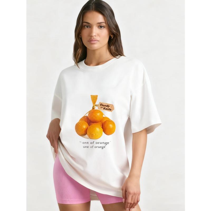 Oversized T Shirt Black Orange Fruit Print With Candy House Text And One Of Orange Quote Casual Everyday Wear